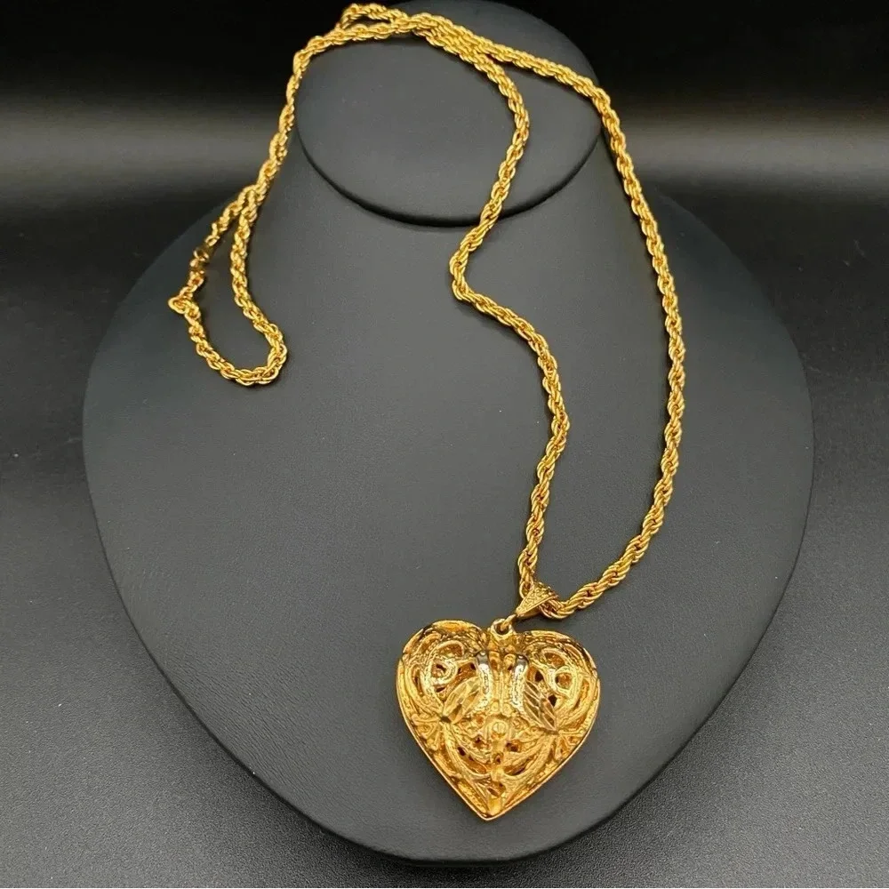 Vintage Puffy Heart Necklace in Gold Tone